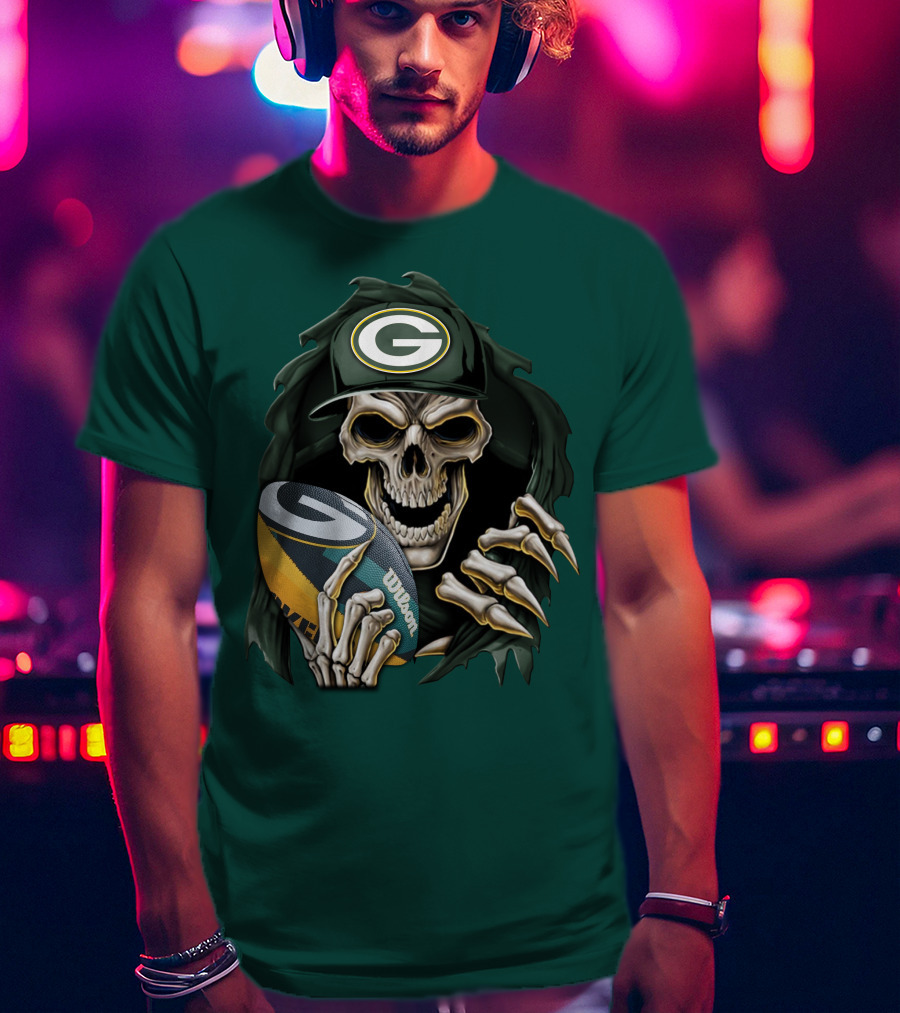 Skull With Green Bay Packers Cap Holding Football On Dark Green T-Shirt