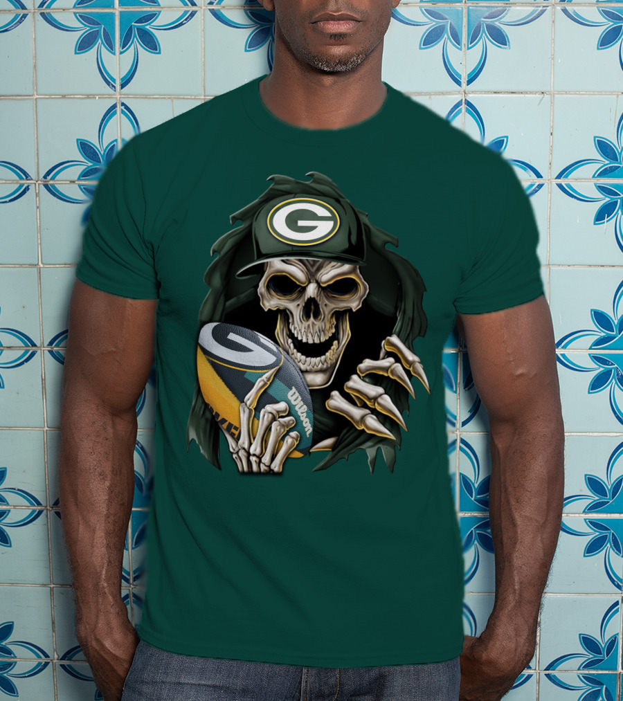 Skull With Green Bay Packers Cap Holding Football On Dark Green T-Shirt