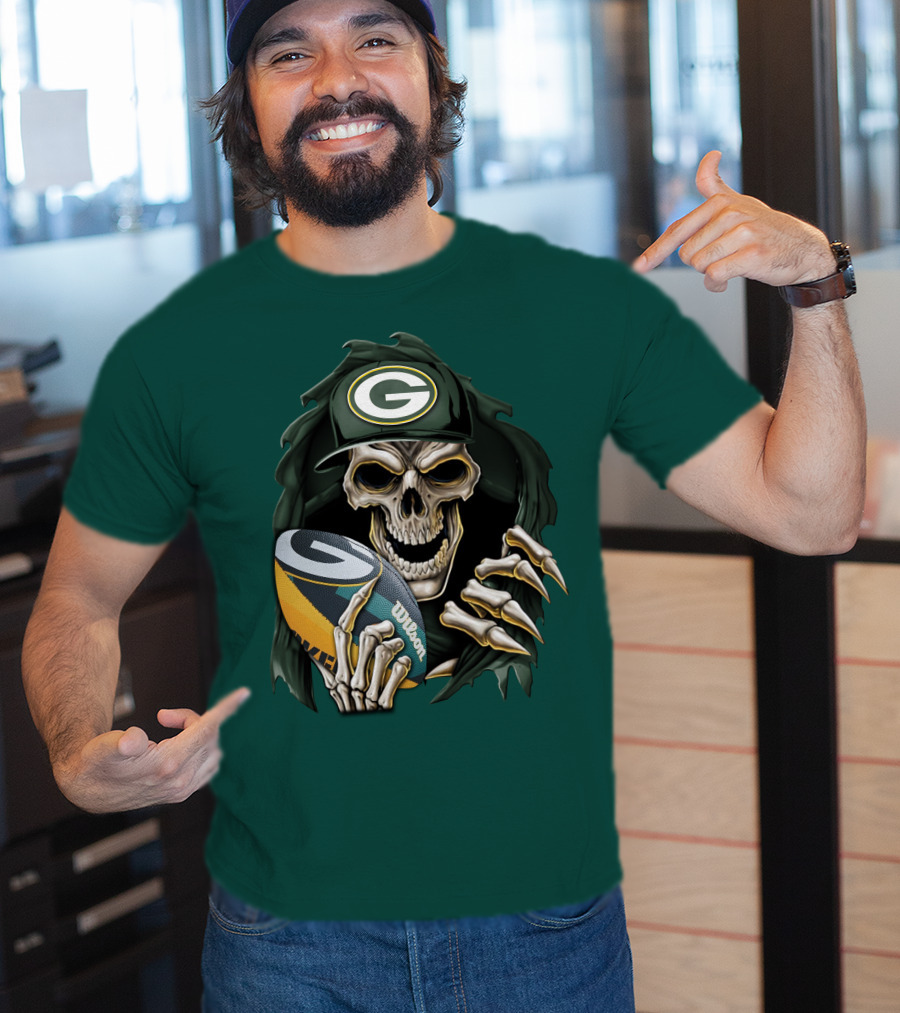 Skull With Green Bay Packers Cap Holding Football On Dark Green T-Shirt