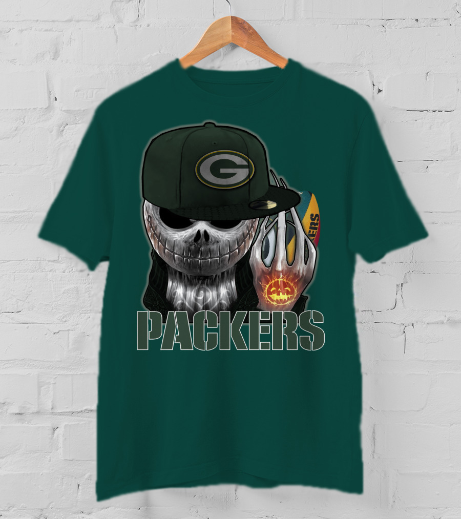 Jackskull Green Bay Packers Halloween Theme Packers Fan Skull T-Shirt