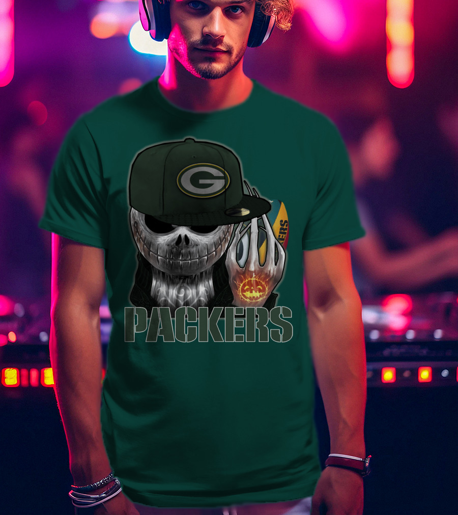Jackskull Green Bay Packers Halloween Theme Packers Fan Skull T-Shirt