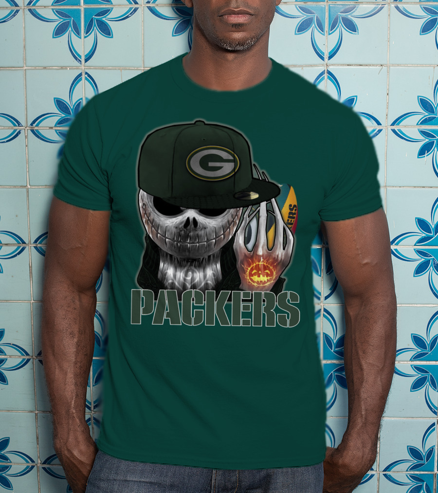 Jackskull Green Bay Packers Halloween Theme Packers Fan Skull T-Shirt