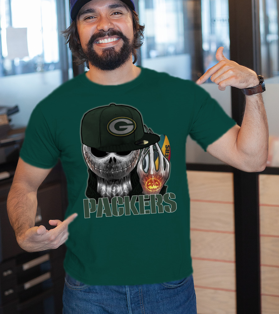 Jackskull Green Bay Packers Halloween Theme Packers Fan Skull T-Shirt