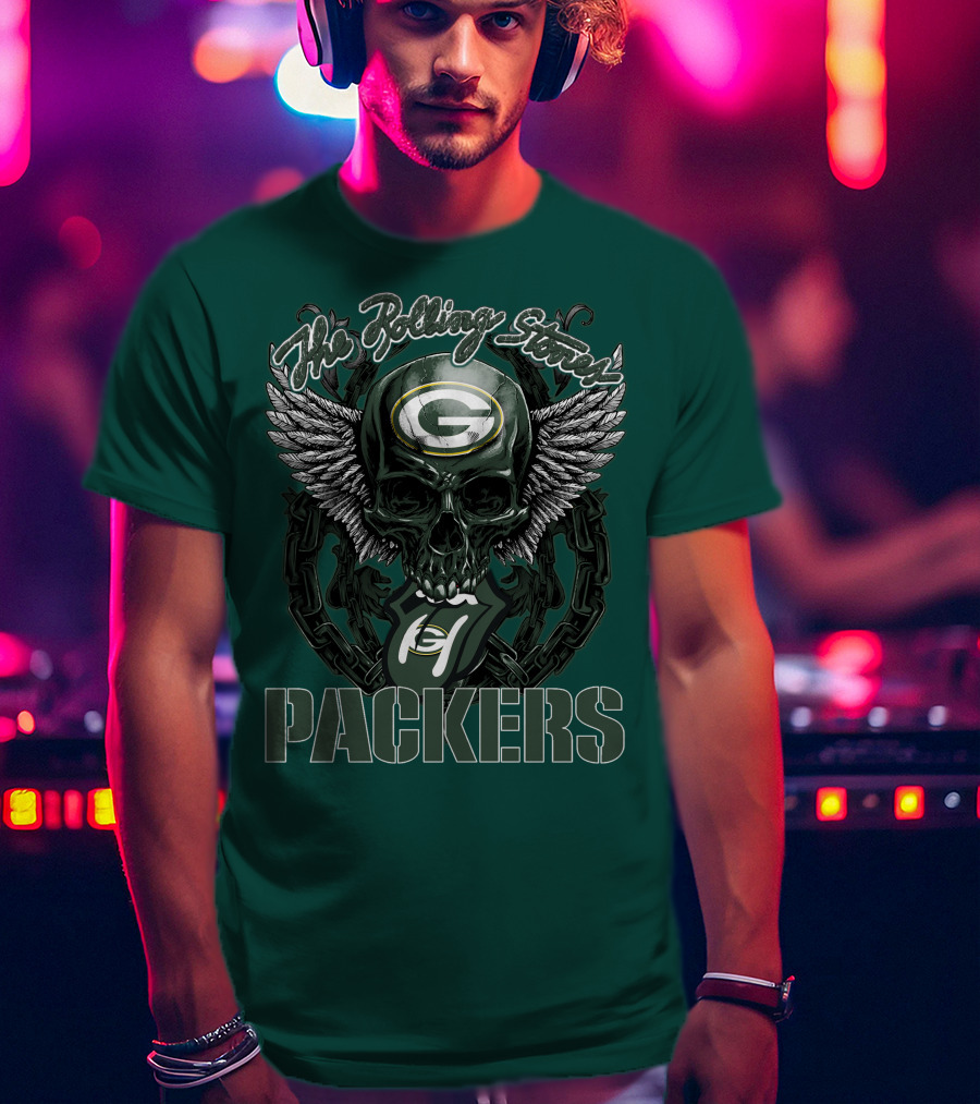 The Rolling Stones Green Bay Packers Skull Logo Wings T-Shirt