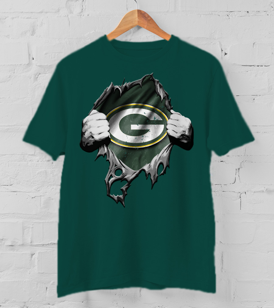 Torn Green Bay Packers Logo With Hands On Green Background T-Shirt
