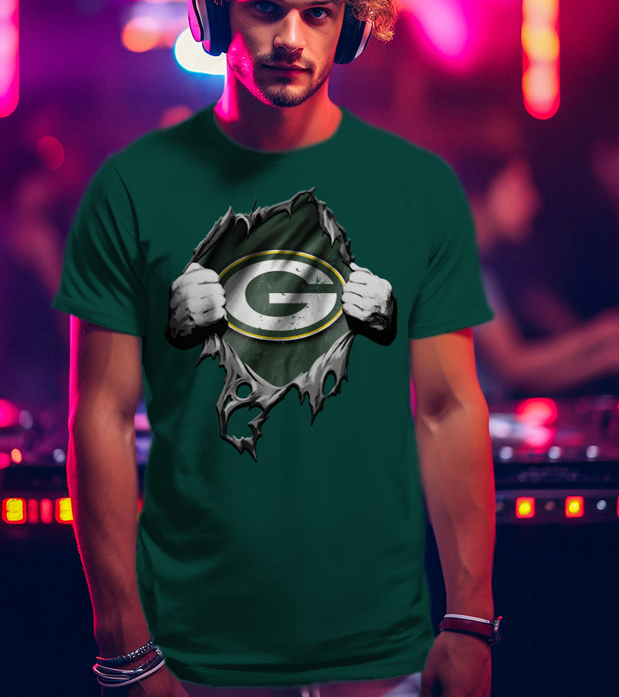 Torn Green Bay Packers Logo With Hands On Green Background T-Shirt