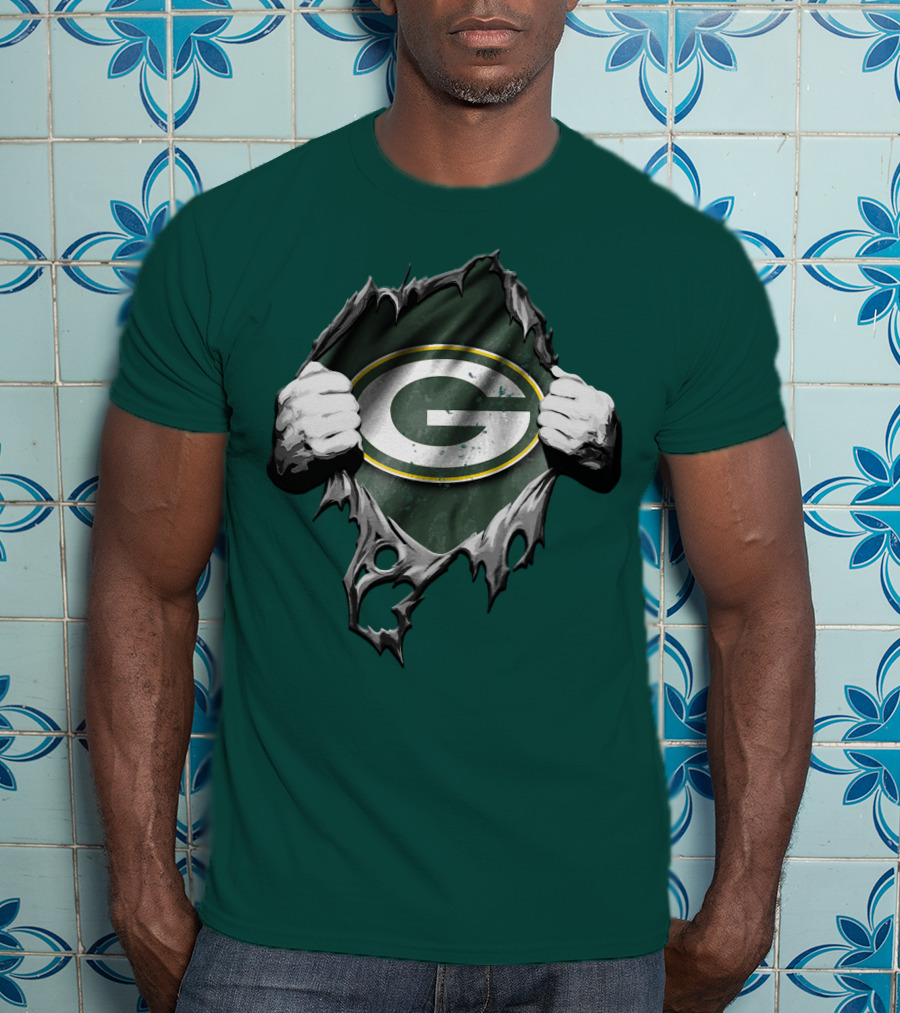 Torn Green Bay Packers Logo With Hands On Green Background T-Shirt