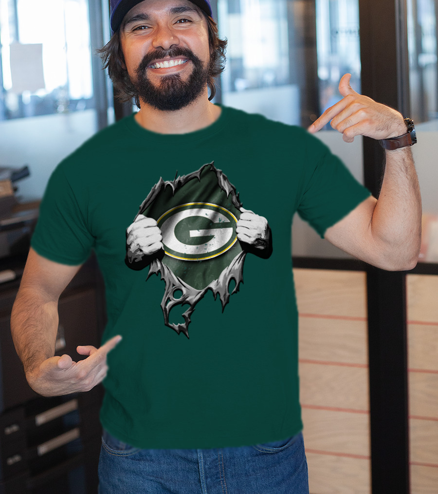 Torn Green Bay Packers Logo With Hands On Green Background T-Shirt