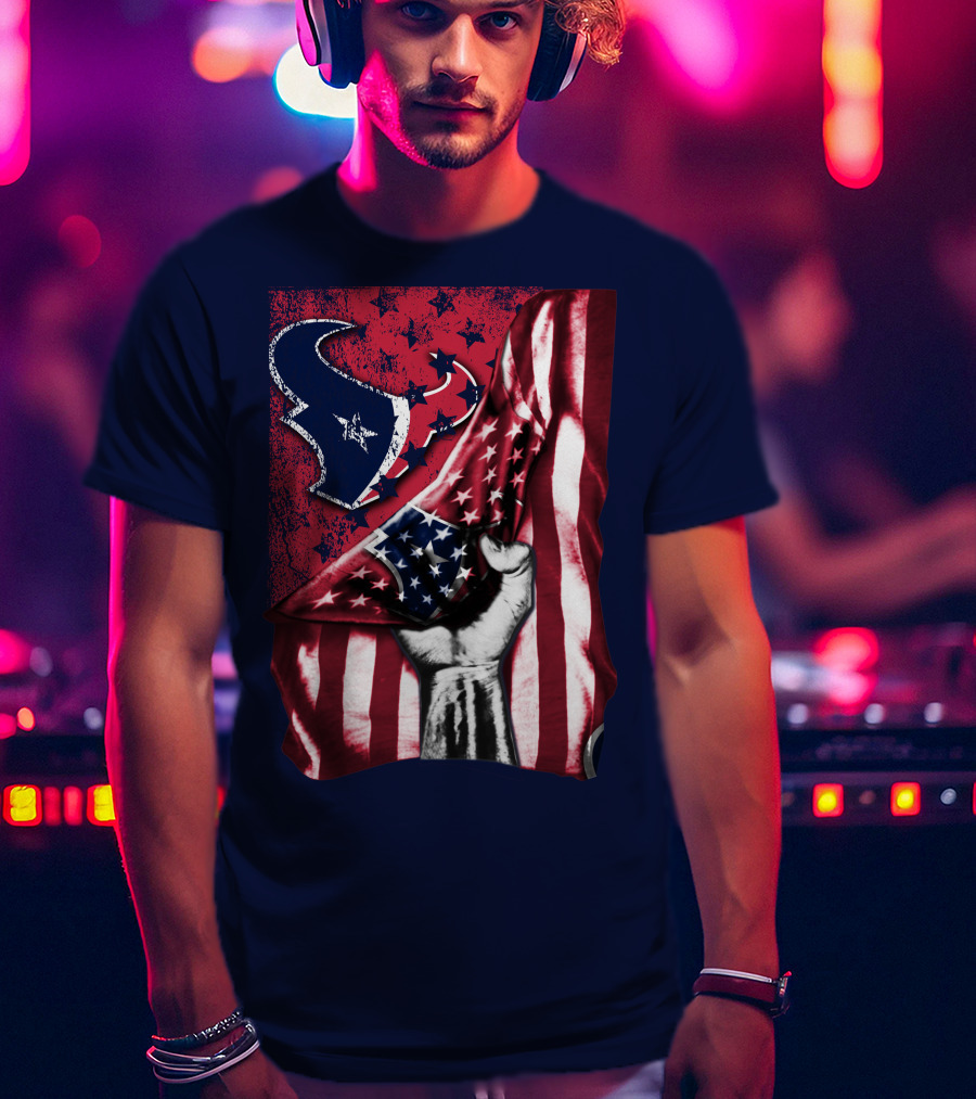 Houston Texans Stars And Stripes American Flag Fist T-Shirt