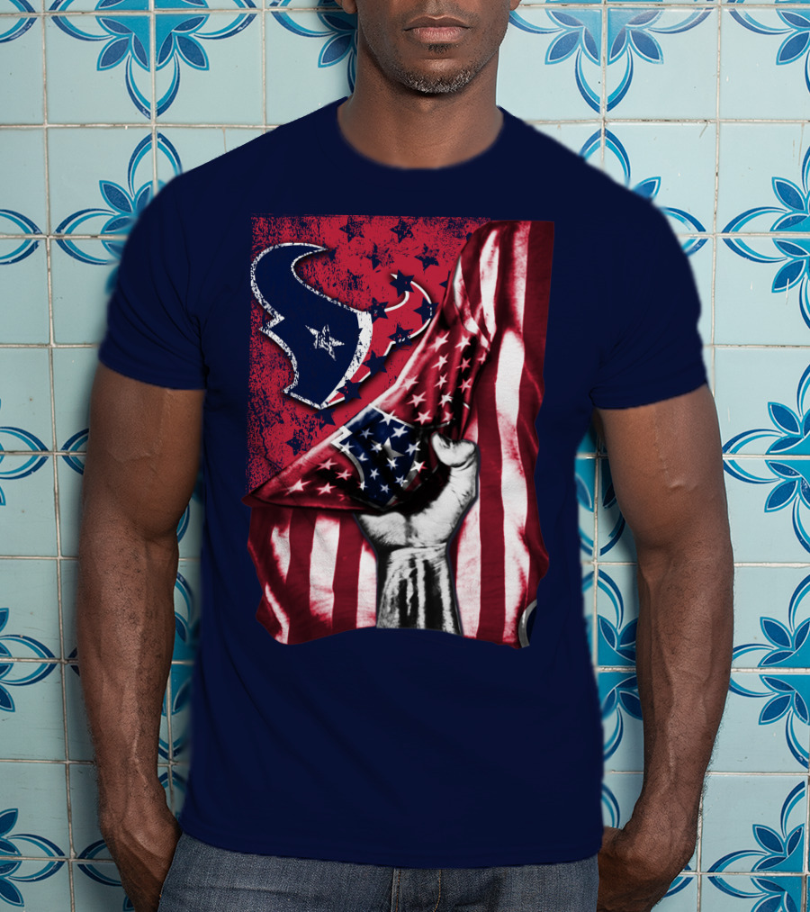 Houston Texans Stars And Stripes American Flag Fist T-Shirt