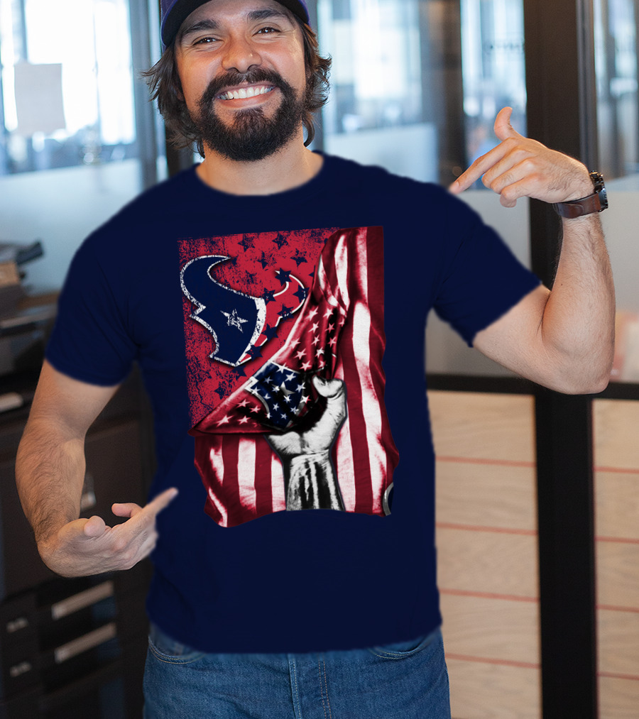 Houston Texans Stars And Stripes American Flag Fist T-Shirt