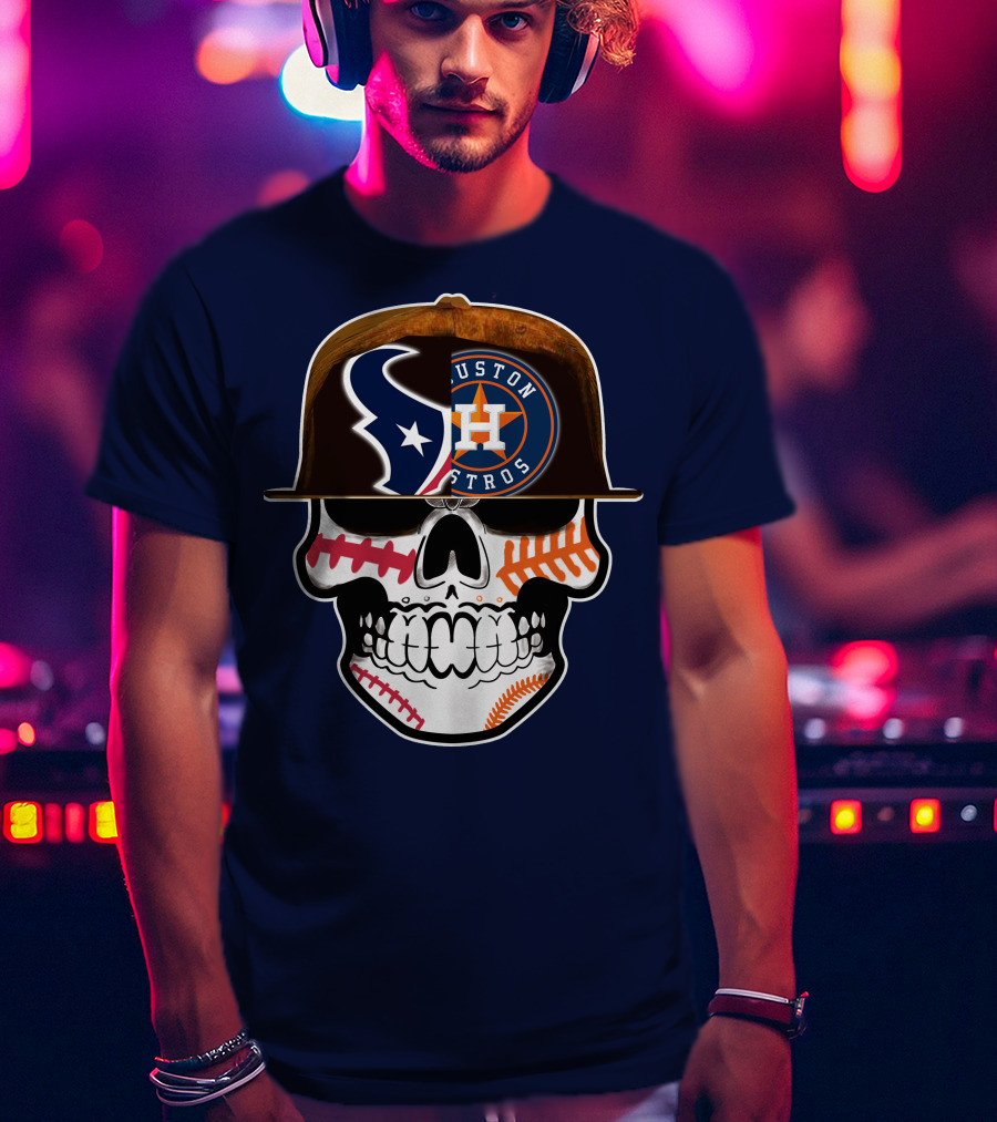 Houston Texans Astros Skull Logo Baseball Football Fusion T-Shirt