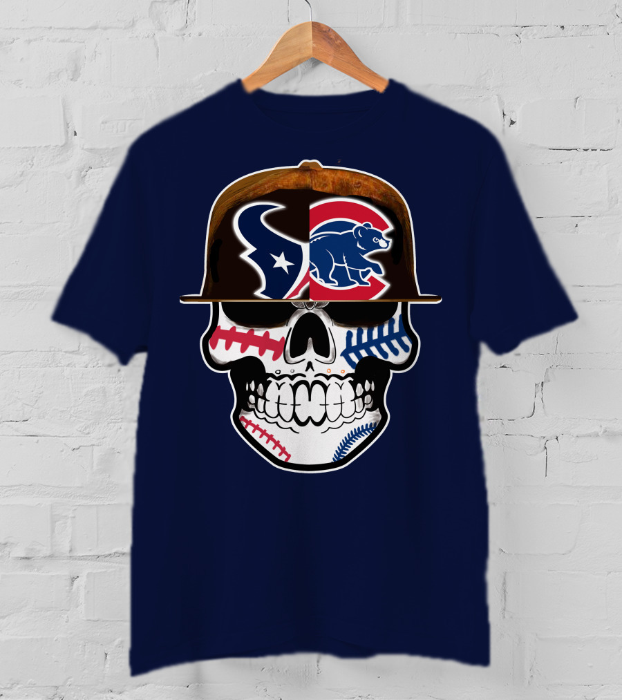 Houston Texans Chicago Cubs Skull Baseball Football Fusion T-Shirt