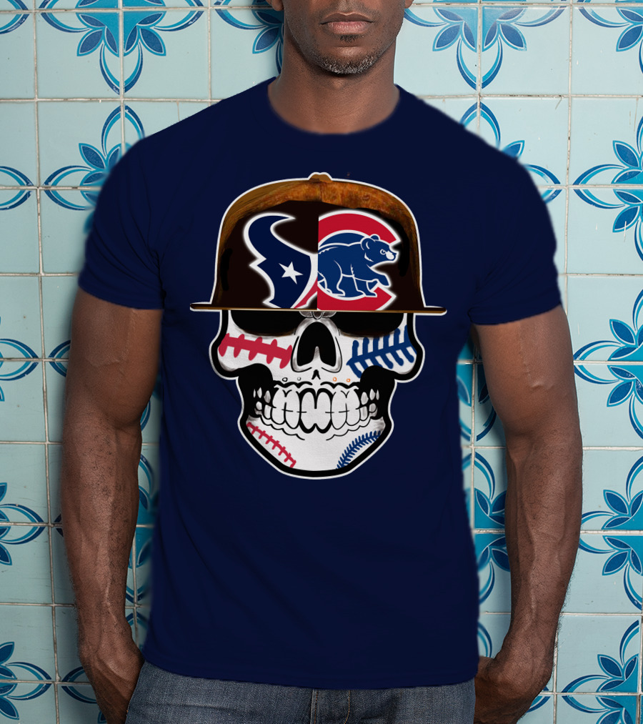 Houston Texans Chicago Cubs Skull Baseball Football Fusion T-Shirt