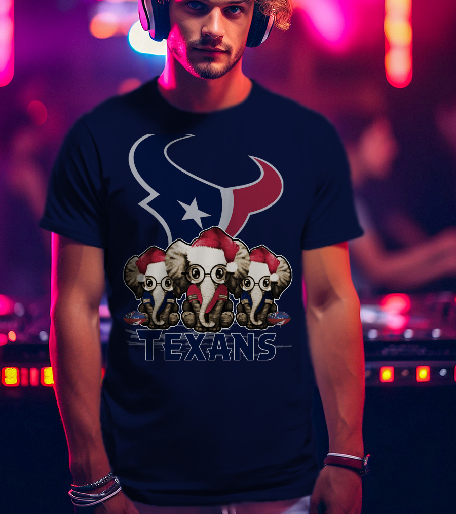 Elephants In Christmas Hats With Houston Texans T-Shirt