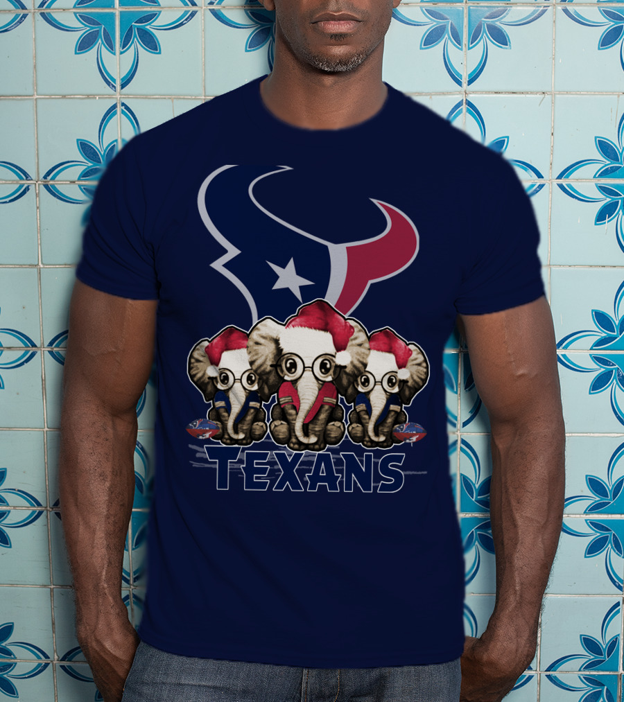 Elephants In Christmas Hats With Houston Texans T-Shirt