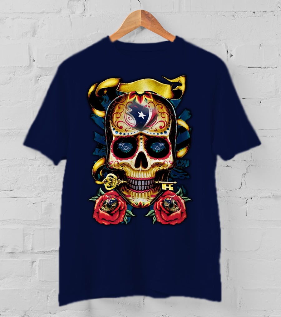 Houston Texans Skull Design With Roses And Key T-Shirt