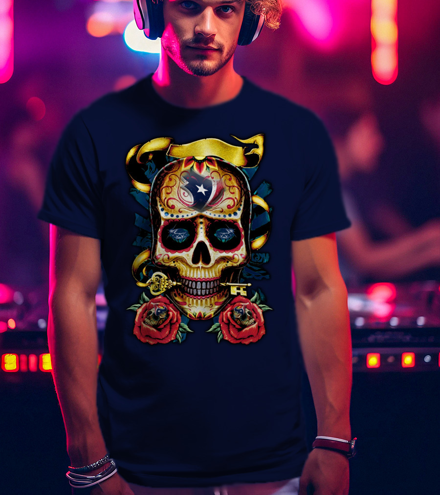 Houston Texans Skull Design With Roses And Key T-Shirt
