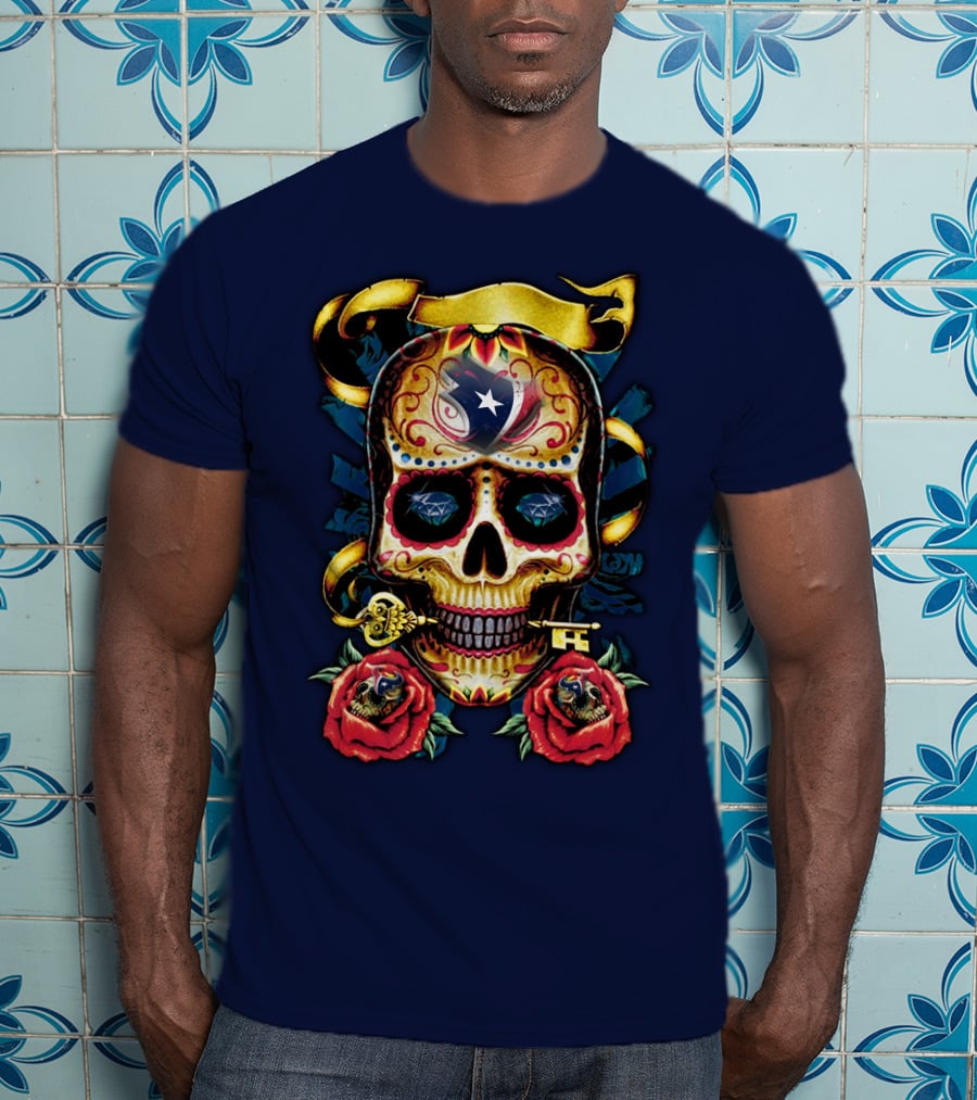 Houston Texans Skull Design With Roses And Key T-Shirt