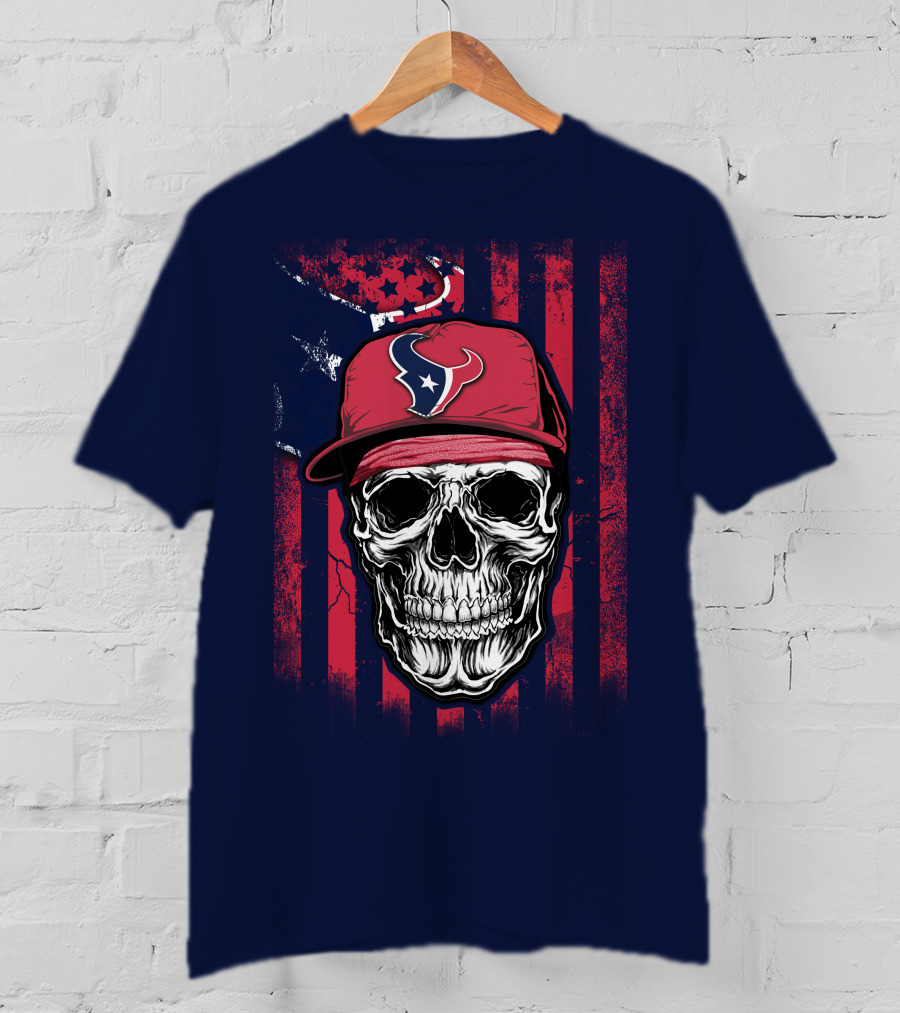 Skull In Houston Texans Hat With American Flag Background T-Shirt