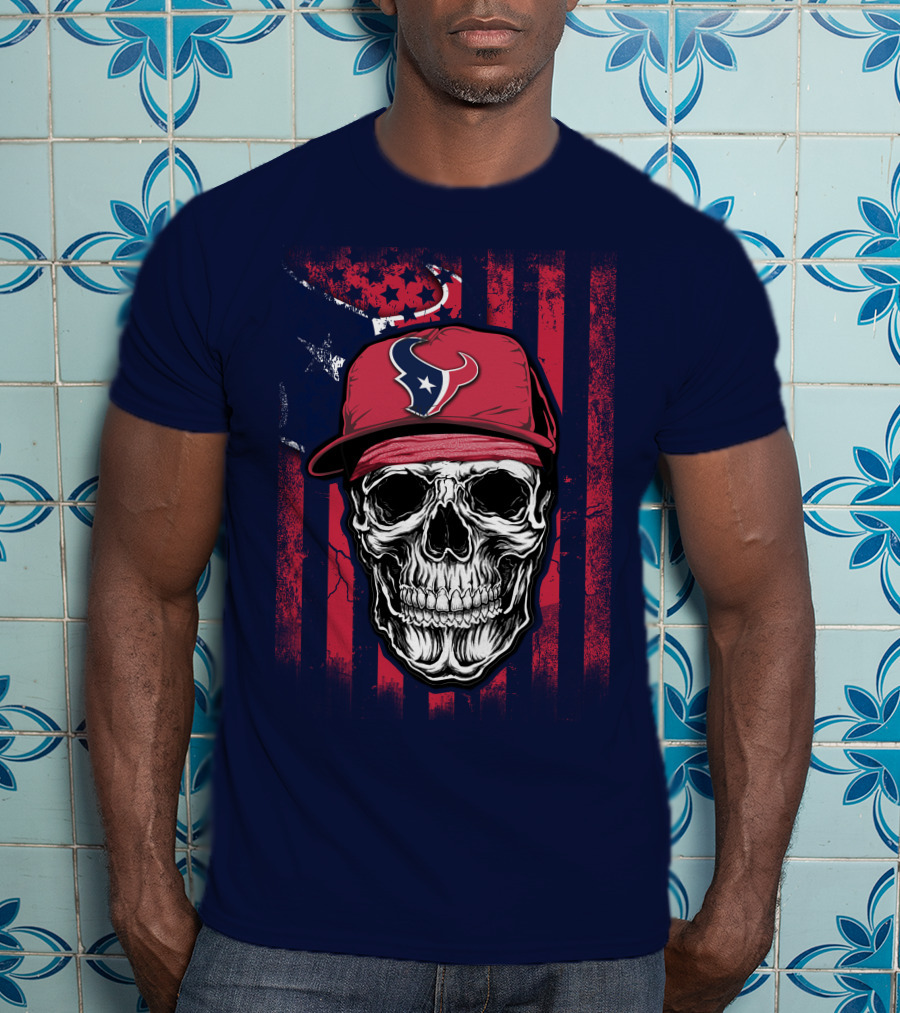Skull In Houston Texans Hat With American Flag Background T-Shirt