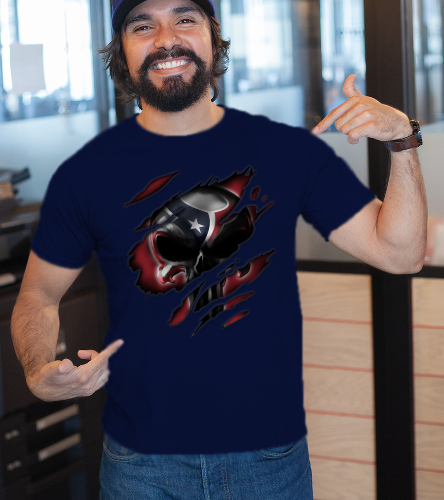 Houston Texans 68 Skull Logo Ripped T-Shirt
