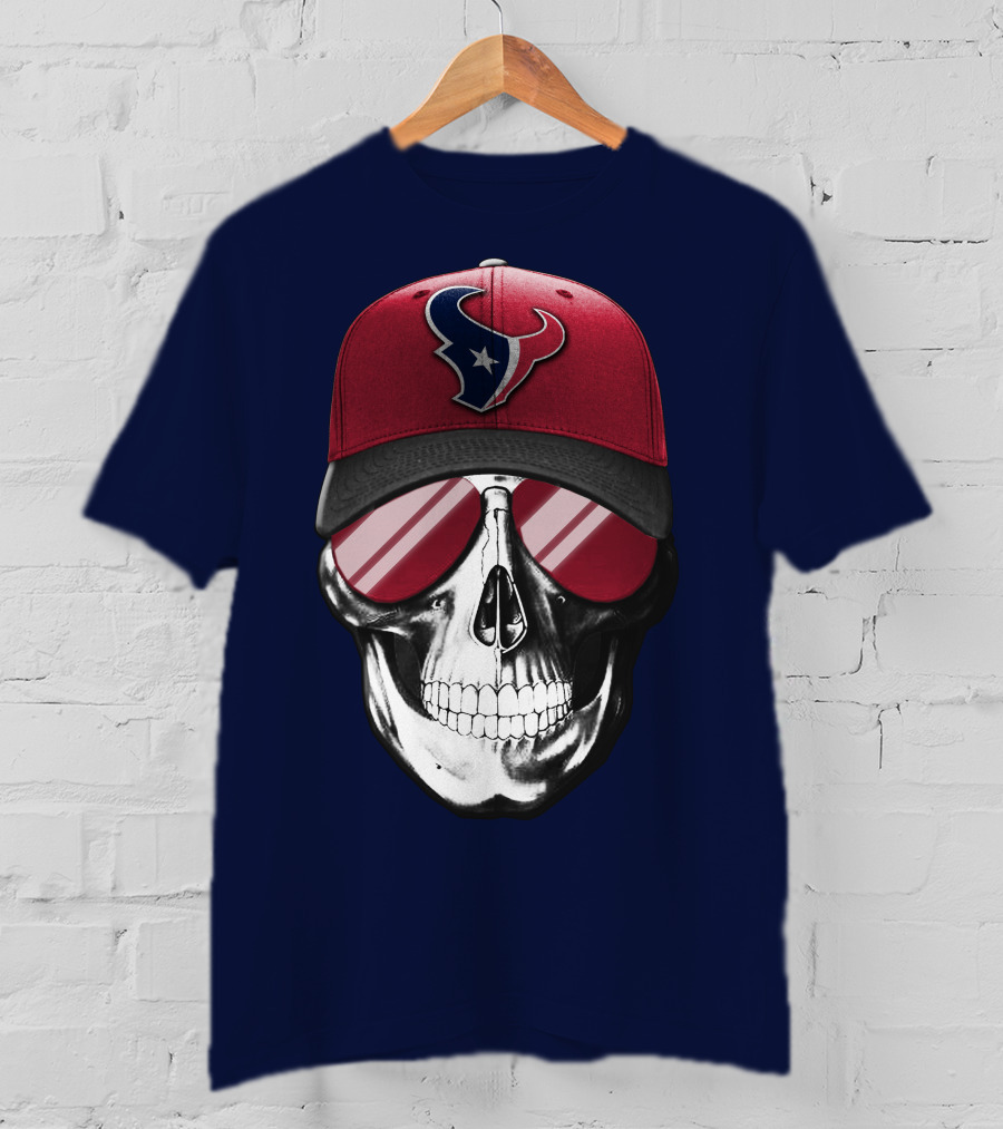Skull With Houston Texans Logo Hat And Reflective Sunglasses T-Shirt