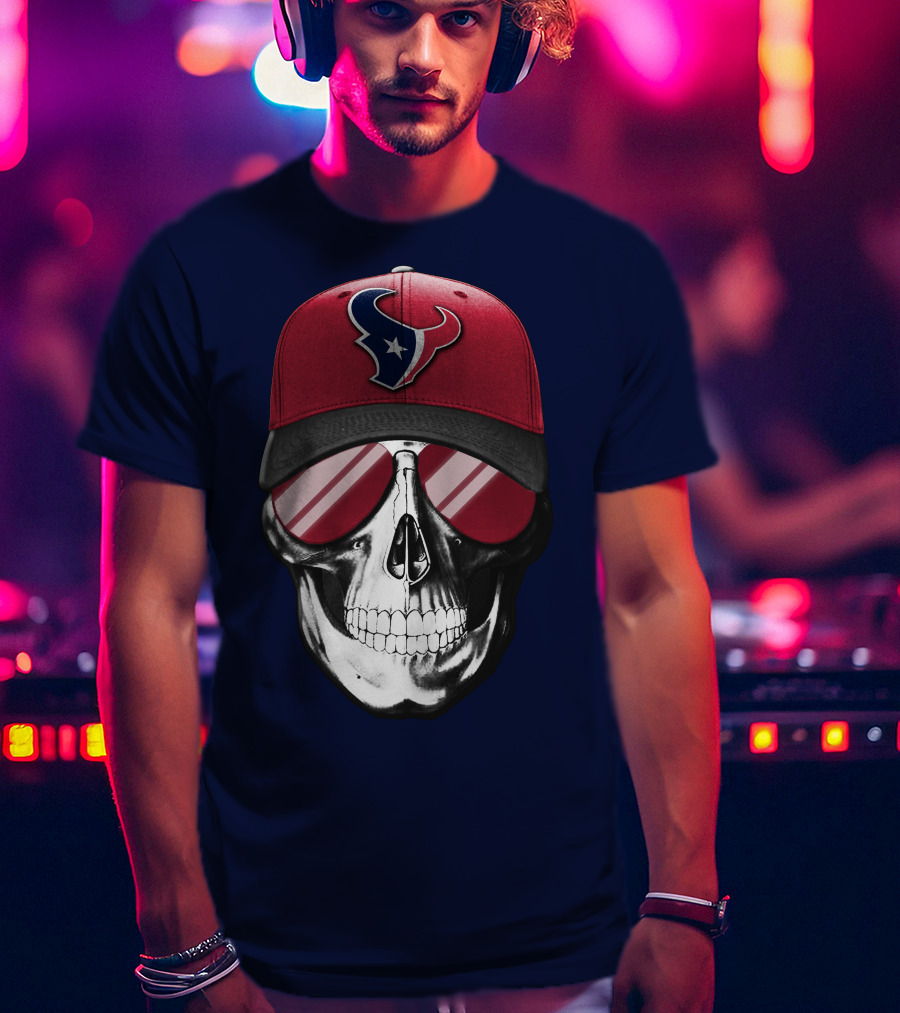 Skull With Houston Texans Logo Hat And Reflective Sunglasses T-Shirt