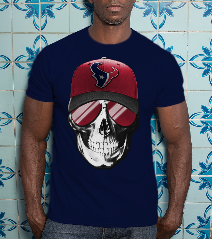 Skull With Houston Texans Logo Hat And Reflective Sunglasses T-Shirt