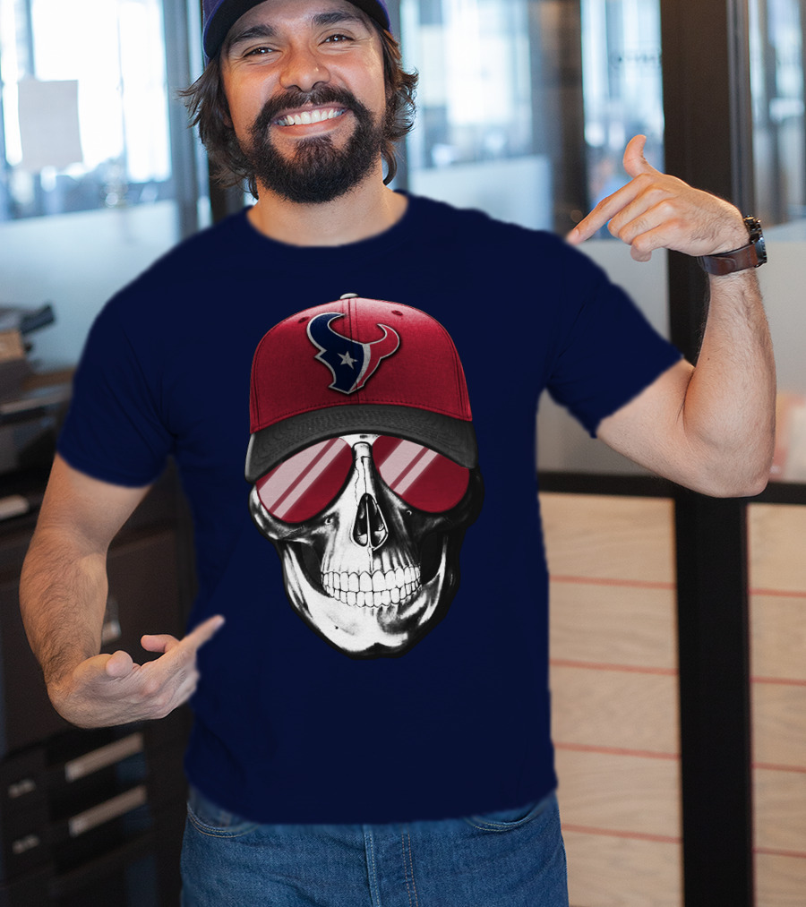 Skull With Houston Texans Logo Hat And Reflective Sunglasses T-Shirt