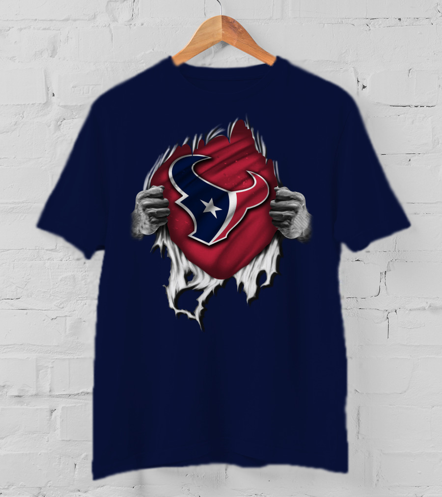 Torn Houston Texans Emblem Revealed Through Superhero Rip Effect T-Shirt