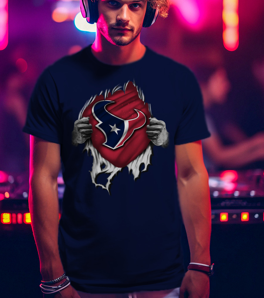 Torn Houston Texans Emblem Revealed Through Superhero Rip Effect T-Shirt