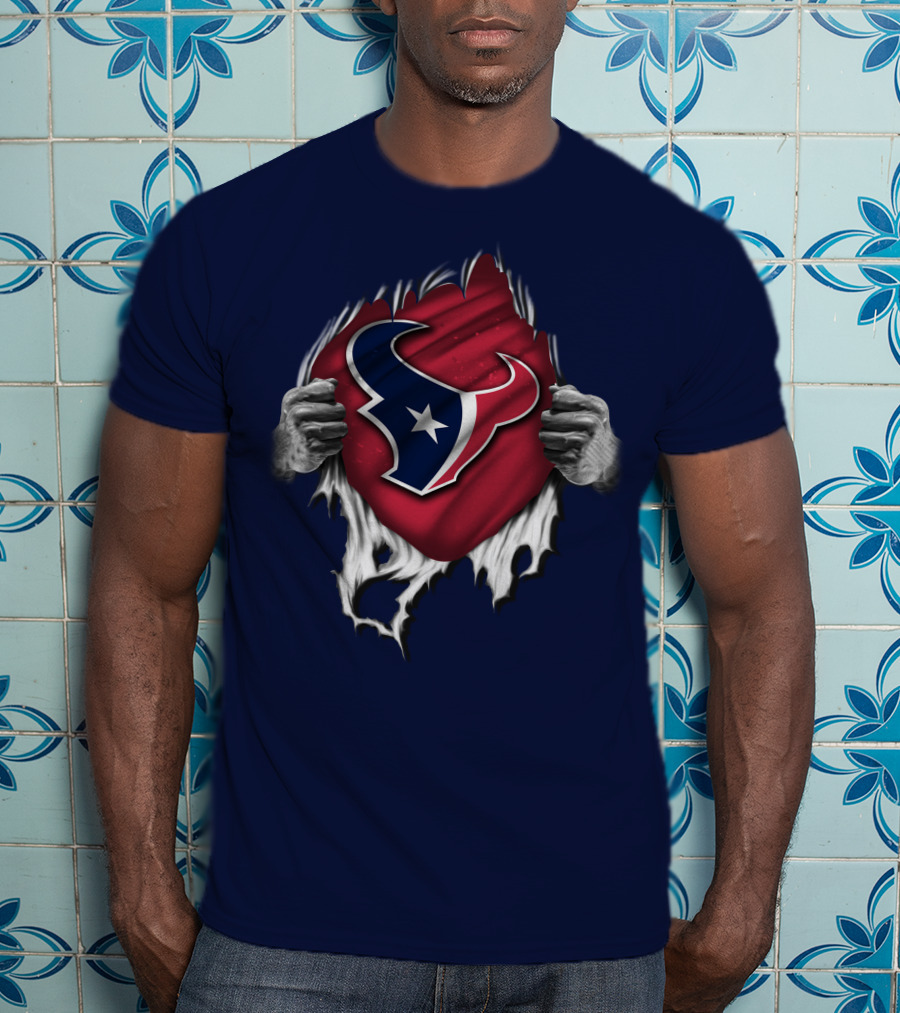Torn Houston Texans Emblem Revealed Through Superhero Rip Effect T-Shirt