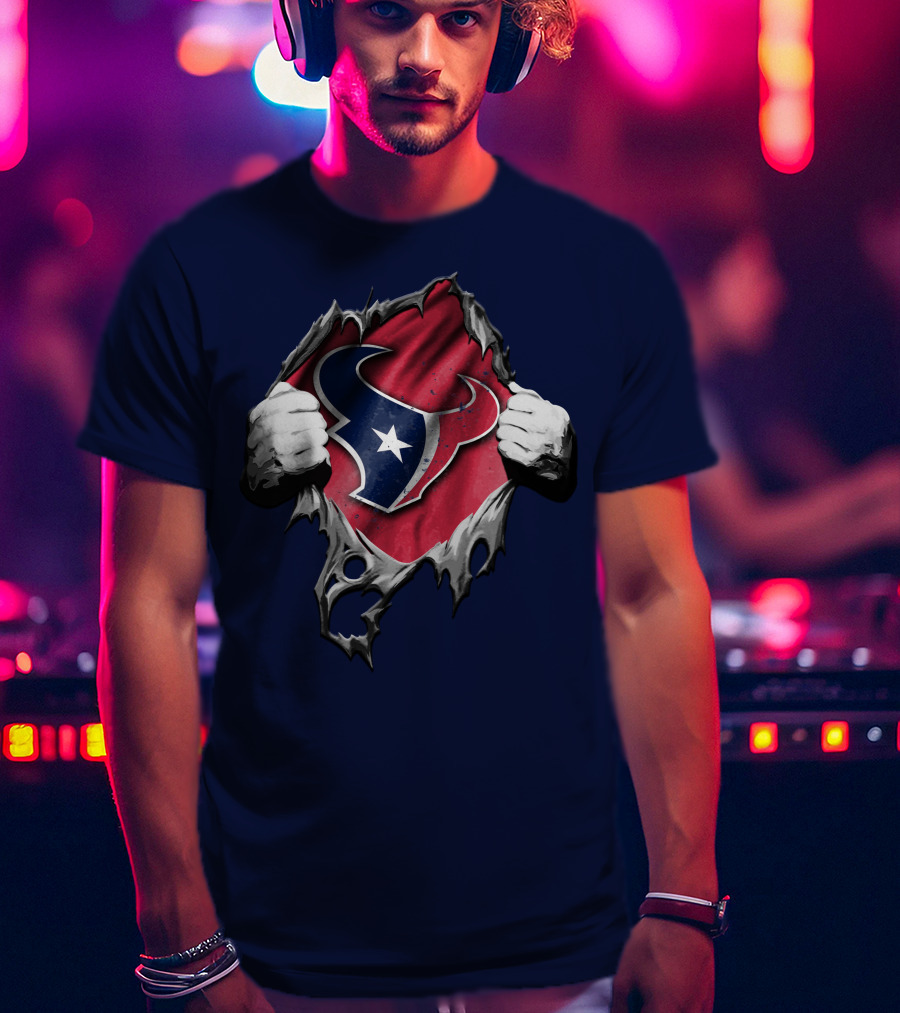 Torn Houston Texans Logo Hidden Beneath Rip Effect T-Shirt