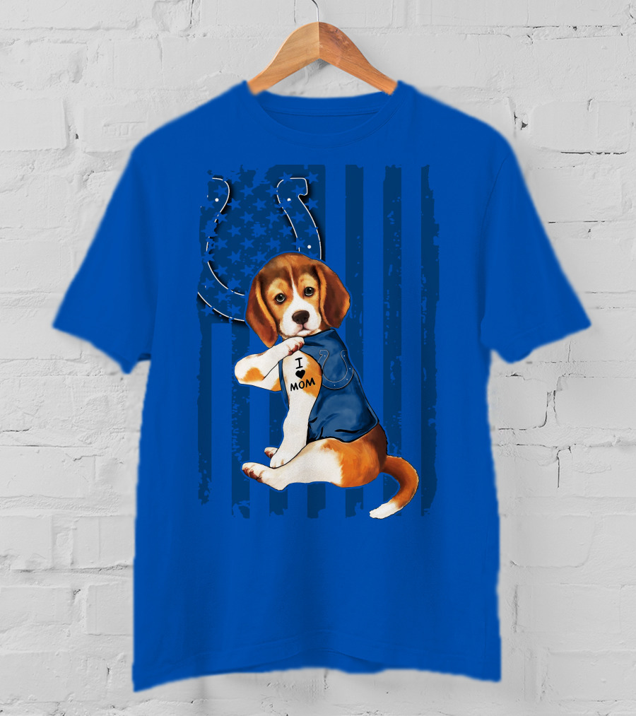 Beagle Wearing I Love Mom Indianapolis Colts Shirt With Horseshoe T-Shirt