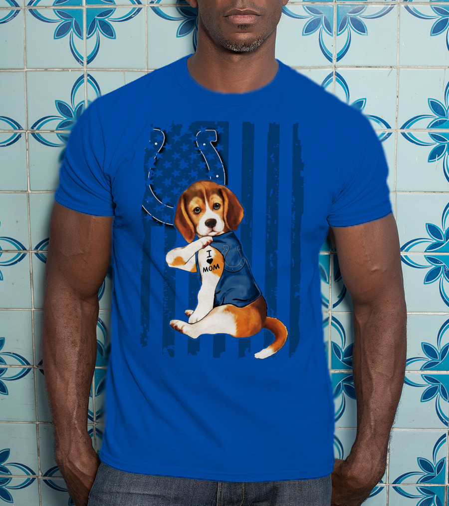 Beagle Wearing I Love Mom Indianapolis Colts Shirt With Horseshoe T-Shirt