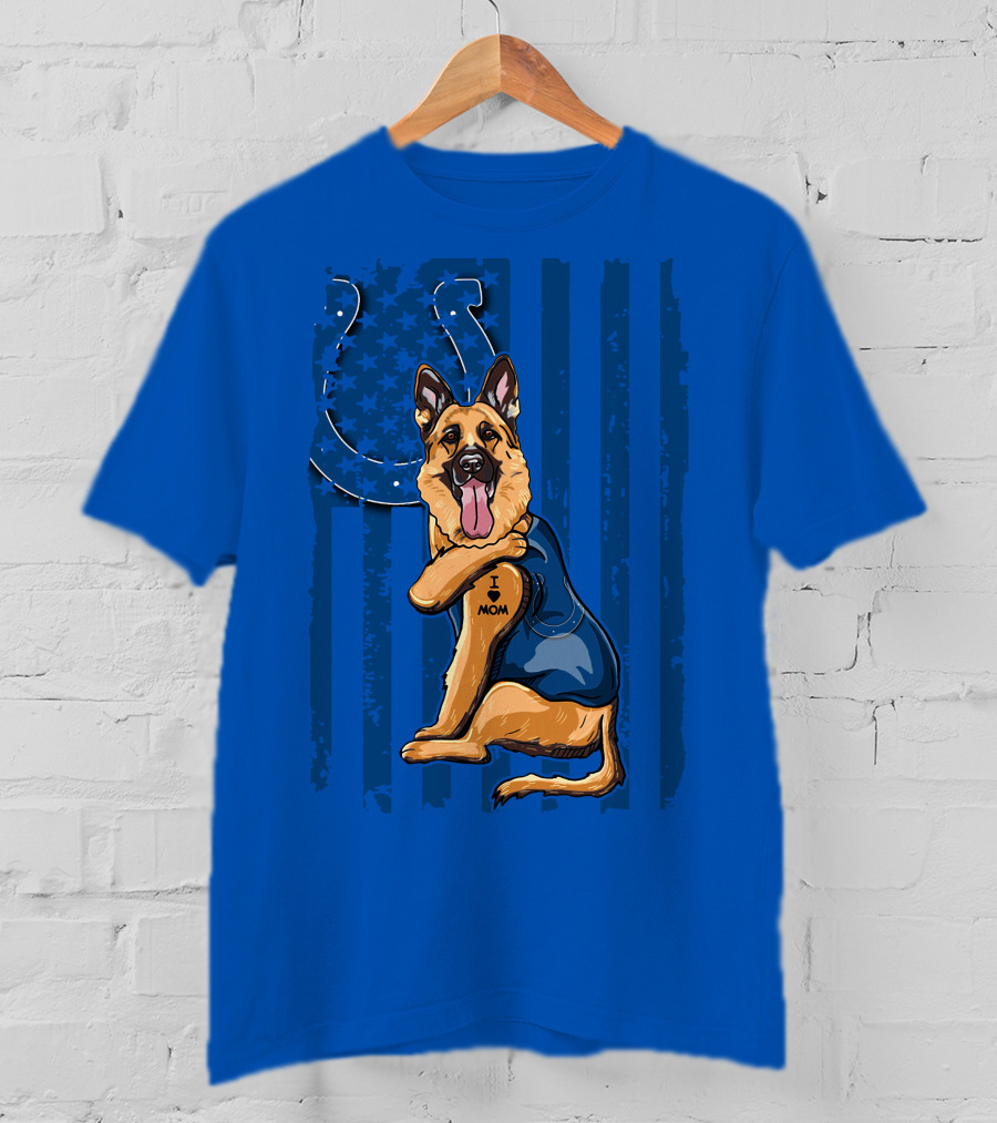 German Shepherd I Love Mom Indianapolis Colts American Flag T-Shirt