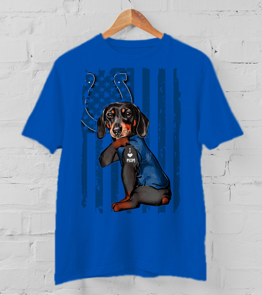 Dachshund I Love Mom Indianapolis Colts American Flag T-Shirt