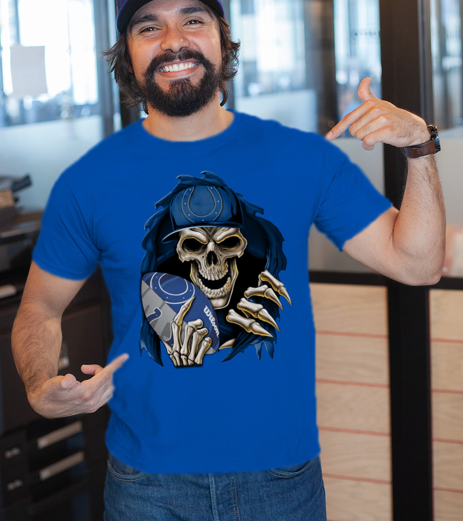 Skullbong Indianapolis Colts Skeleton Holding Football T-Shirt