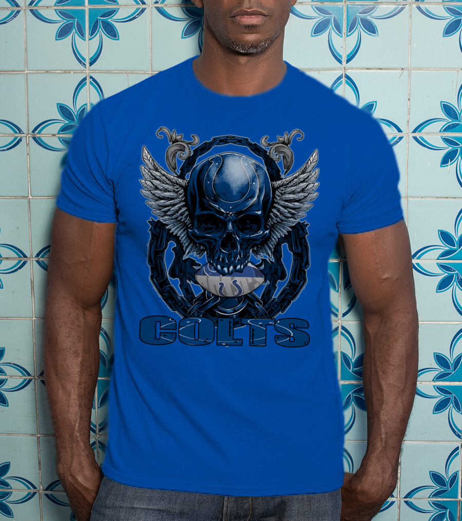 Colts Skullfb Winged Blue Skull Design For Indianapolis Colts Fans T-Shirt
