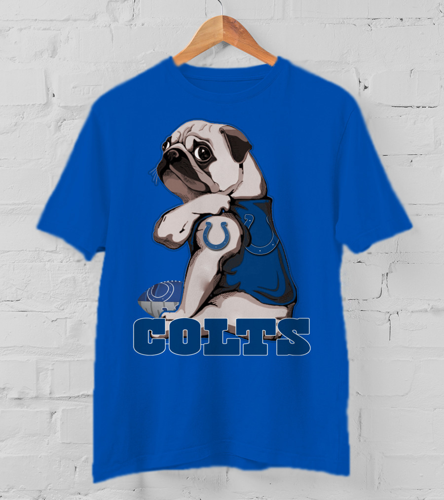 Pug Colts Fan With Blue Football Gear T-Shirt