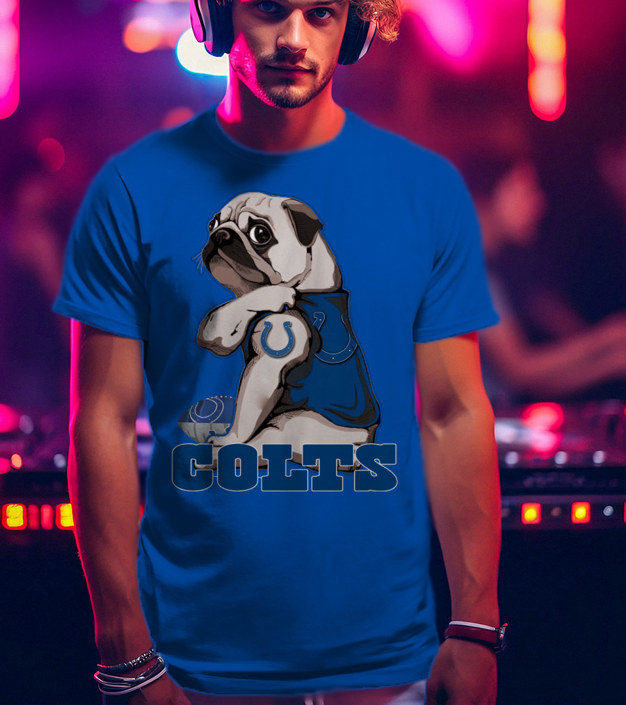 Pug Colts Fan With Blue Football Gear T-Shirt