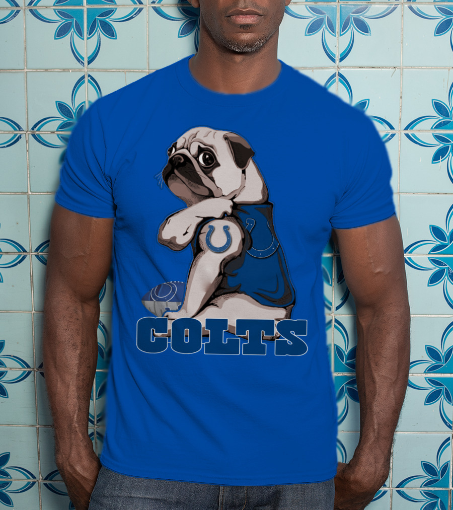 Pug Colts Fan With Blue Football Gear T-Shirt