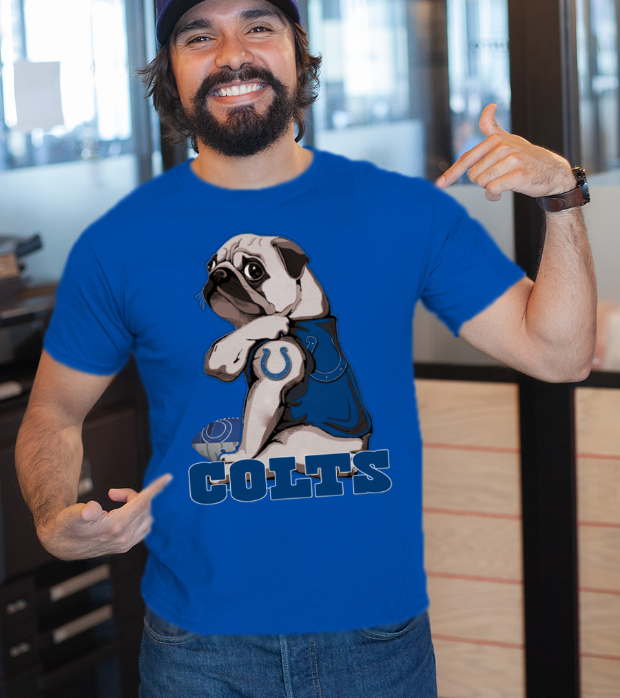 Pug Colts Fan With Blue Football Gear T-Shirt