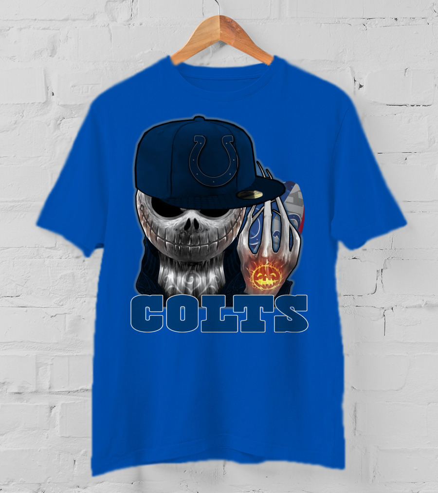 Colts Halloween Skull With Indianapolis Blue And Jack O'lantern Hand T-Shirt