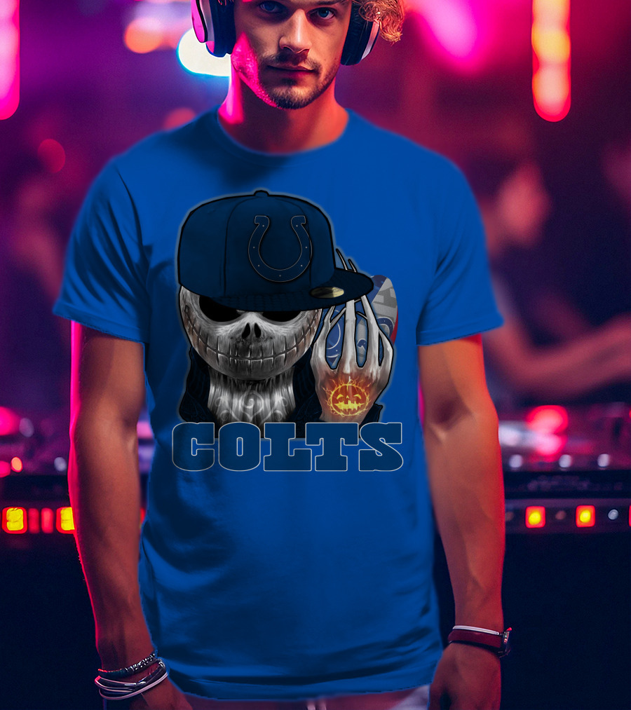Colts Halloween Skull With Indianapolis Blue And Jack O'lantern Hand T-Shirt