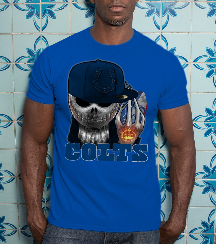 Colts Halloween Skull With Indianapolis Blue And Jack O'lantern Hand T-Shirt