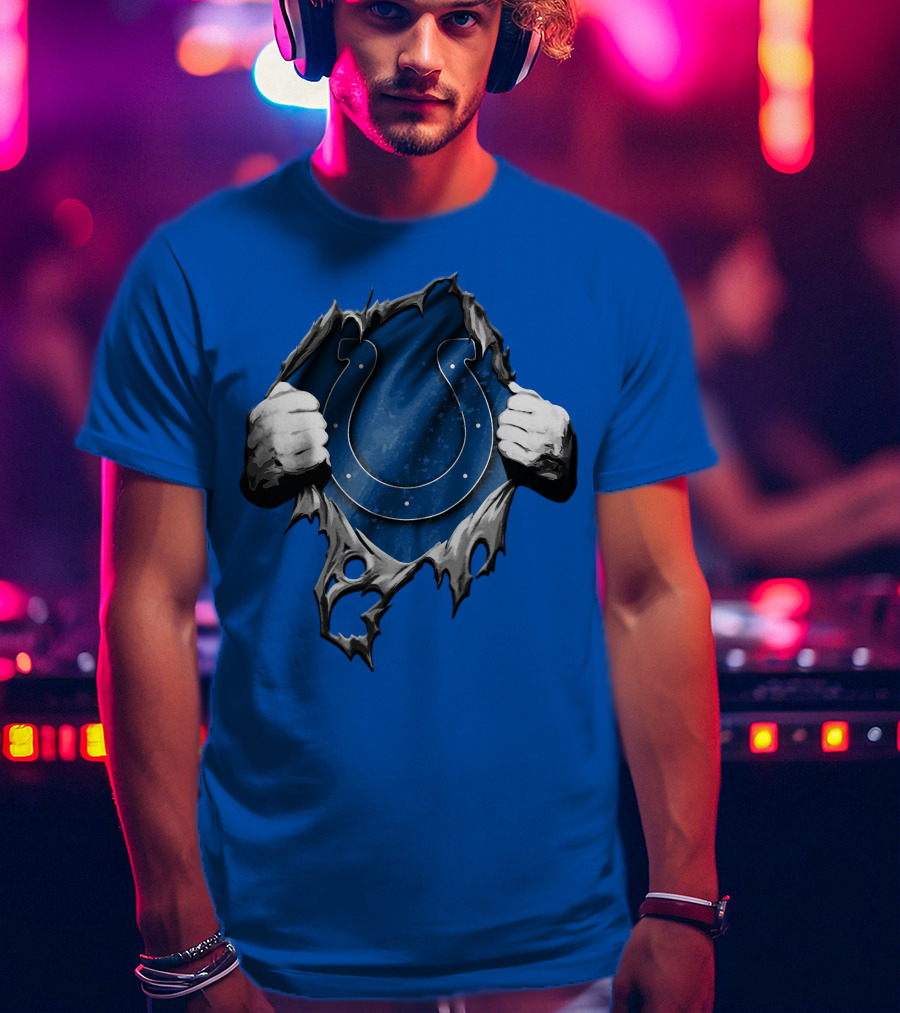 Torn Indianapolis Colts Horseshoe Logo Rip Through T-Shirt