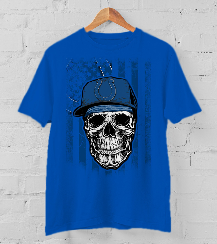 Skull Indianapolis Colts Blue Cap American Flag Background T-Shirt