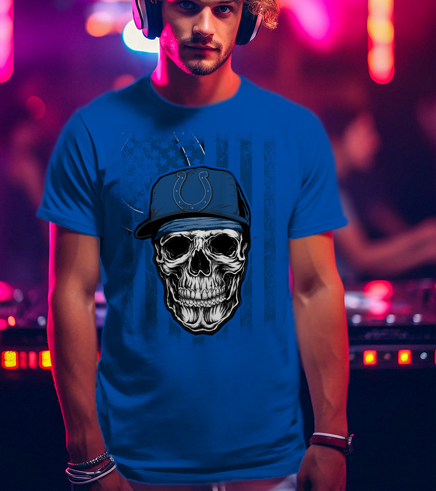 Skull Indianapolis Colts Blue Cap American Flag Background T-Shirt